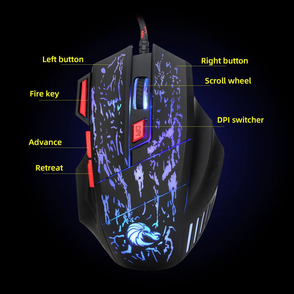 Water crack colourful luminous wired gaming mouse with ergonomic design and USB cable