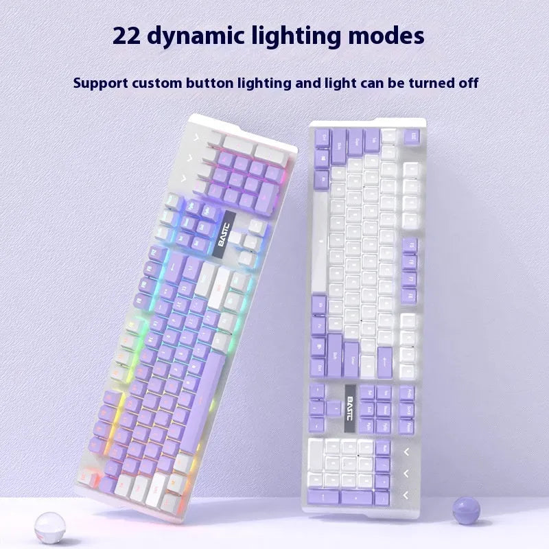 White and purple wired mechanical keyboard and mouse set with backlight