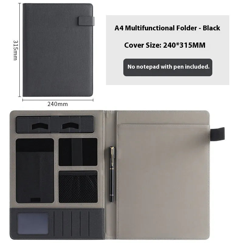 Leather A4 business folder in black colour showing pen holder and notepad configuration
