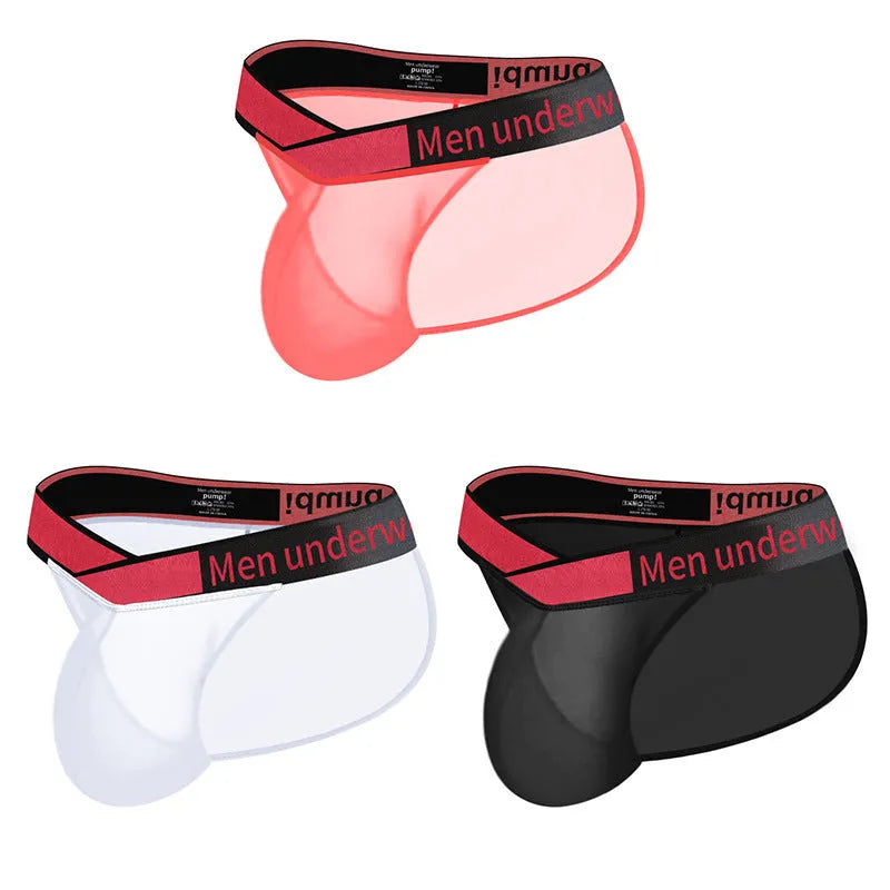 Men's transparent ice silk briefs with large V gradient high fork in red, black, or white colours