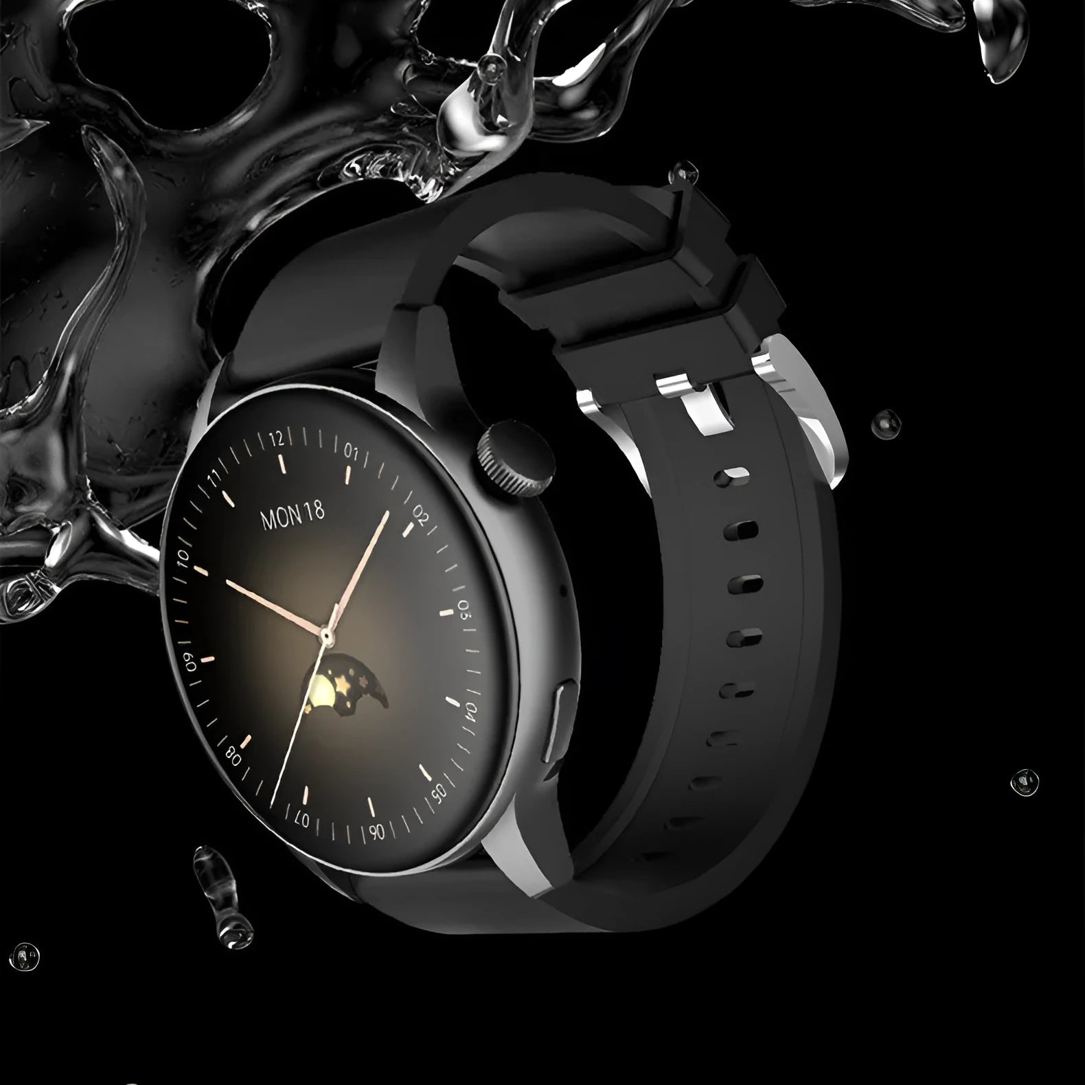 Stainless steel smart watch with colour touch screen on a wrist, showing a watch face.
