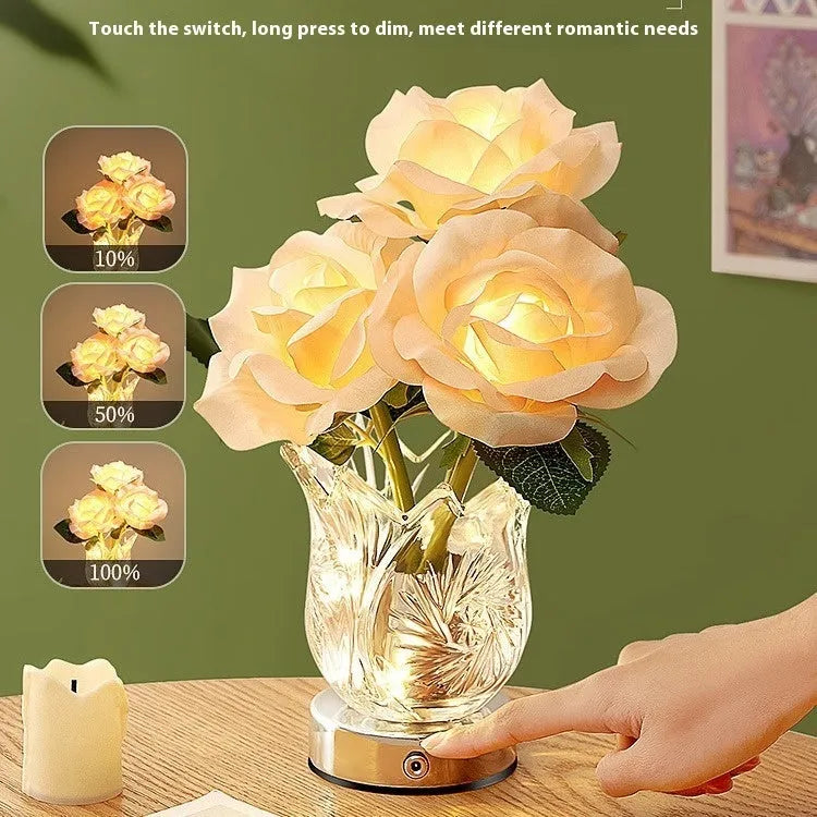Modern crystal flowers rechargeable bedside lamp with touch dimmer controls on wooden table