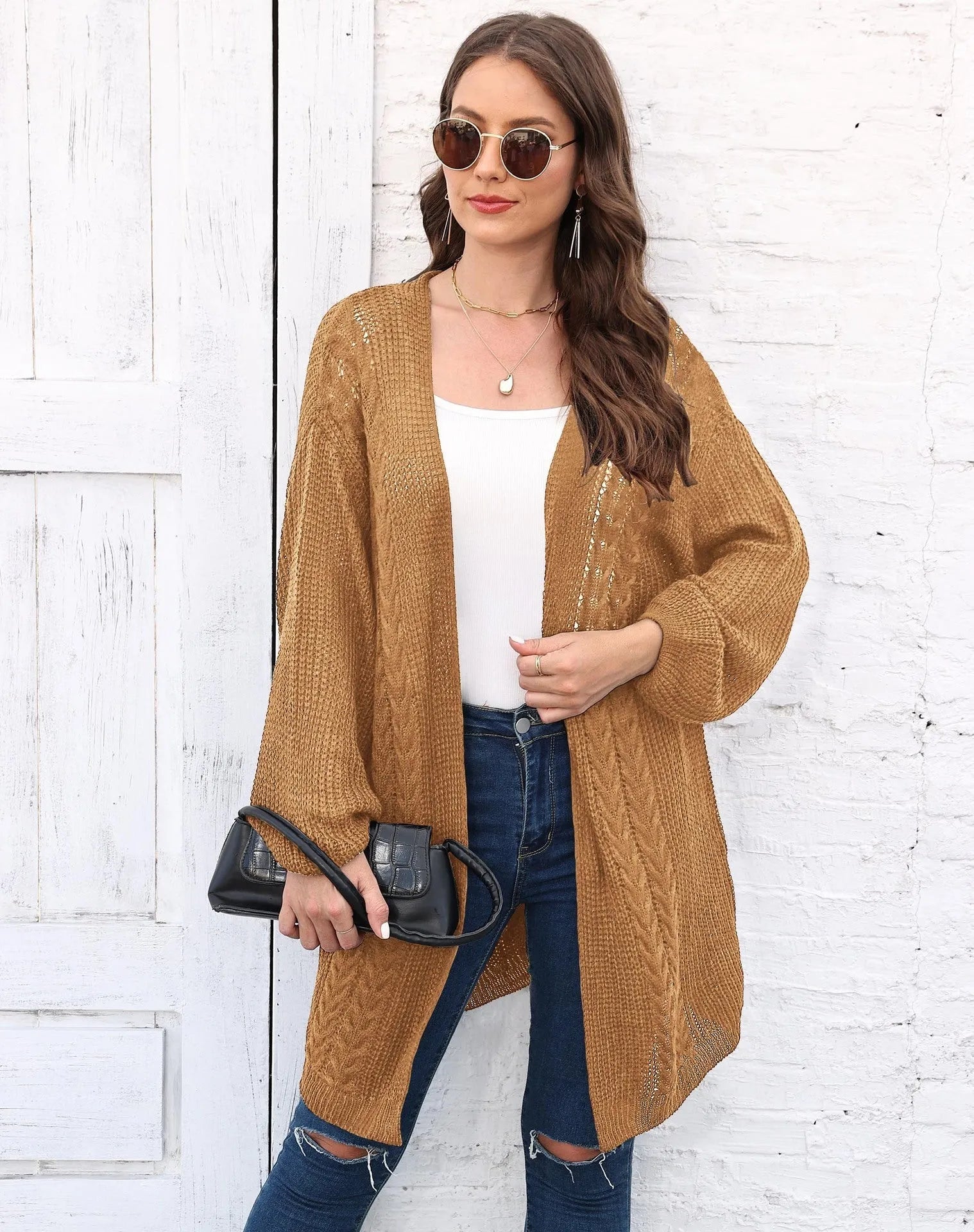 Women's loose acrylic sweater coat in army green colour showing European-American style casual fit