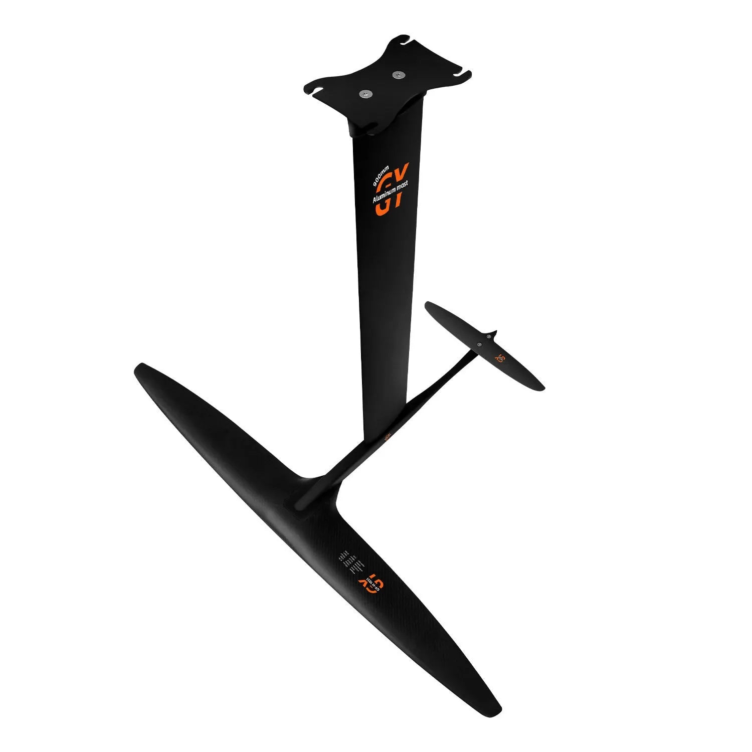 Black carbon fibre surfing hydrofoil with aluminium alloy components and 1051mm front wing