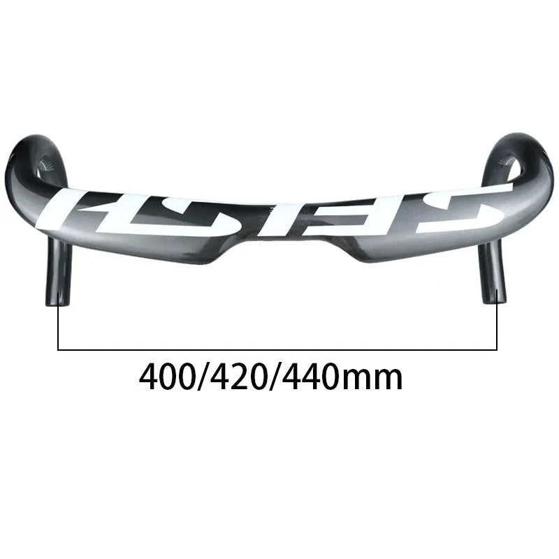 Carbon fibre road bicycle handlebar showing 31.8mm clamp area and curved drops