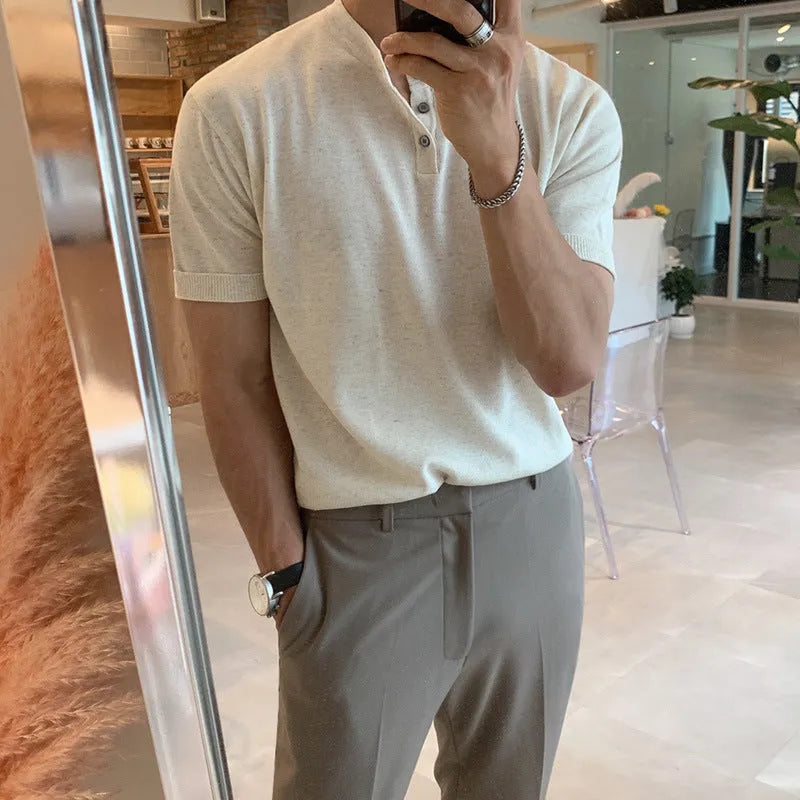 Men's thin ice silk knitted short-sleeved shirt in slim-fit loose pullover style