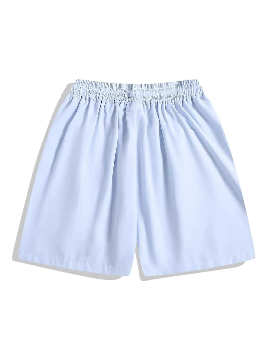 Loose-fit black sports shorts with elastic waistband and straight-leg design for training.