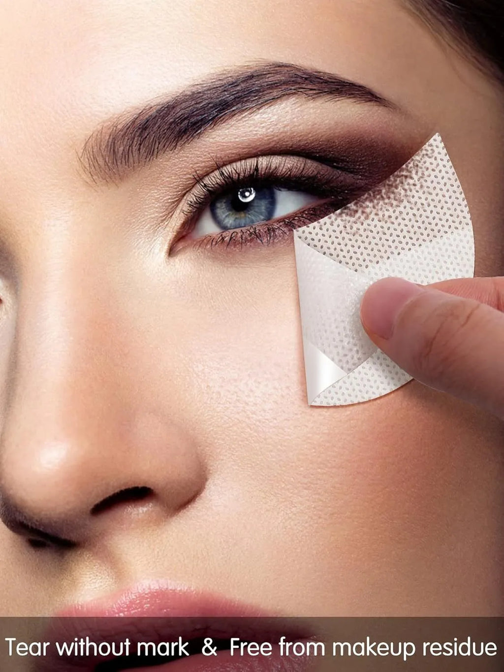 Pack of disposable lint-free self-adhesive eyeshadow shields in half-moon shape for under-eye use.