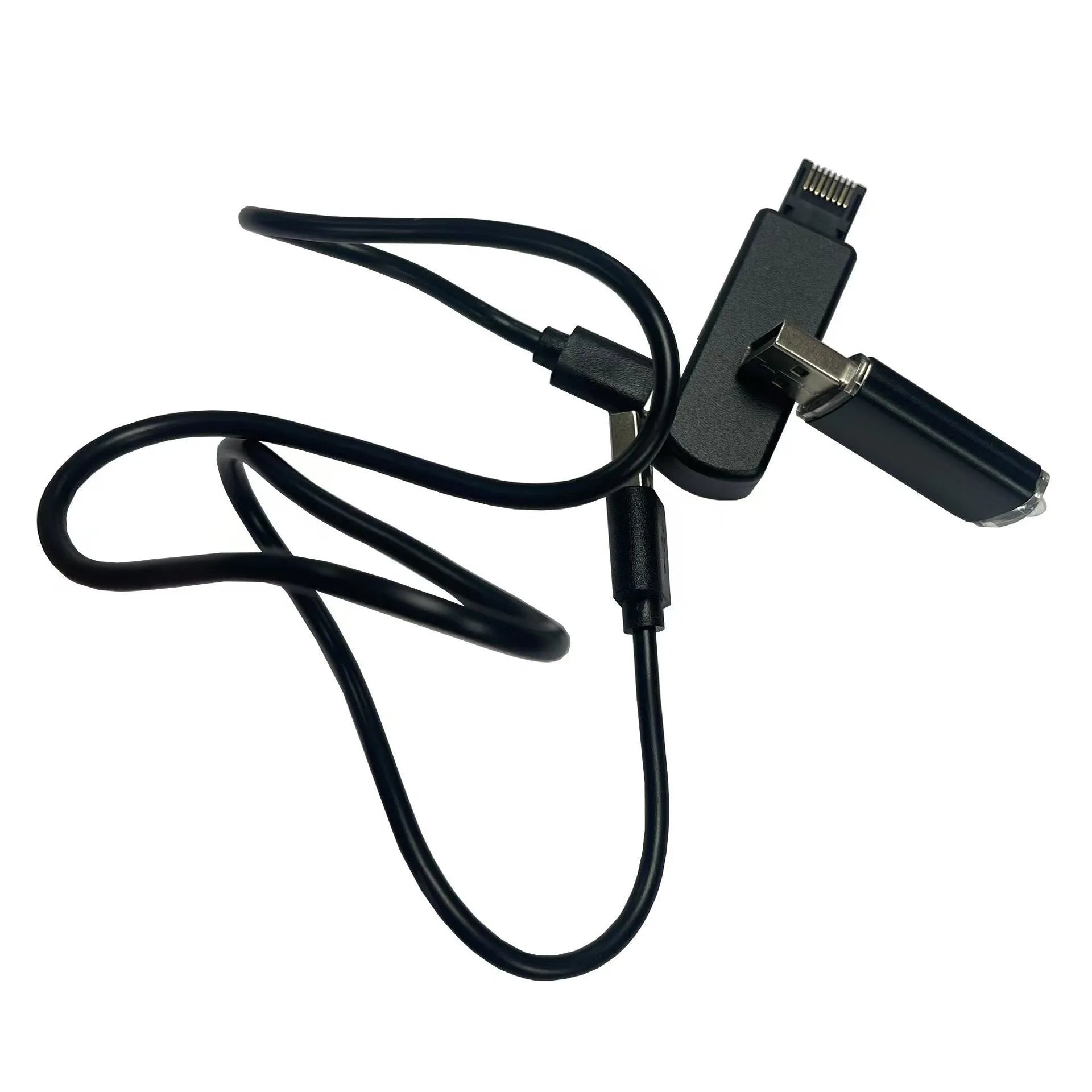 Black JB Tool USB host adapter with aluminum alloy body next to data cable and manual.