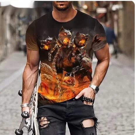 Men's black t-shirt with a large, fierce 3D lion graphic print on the front