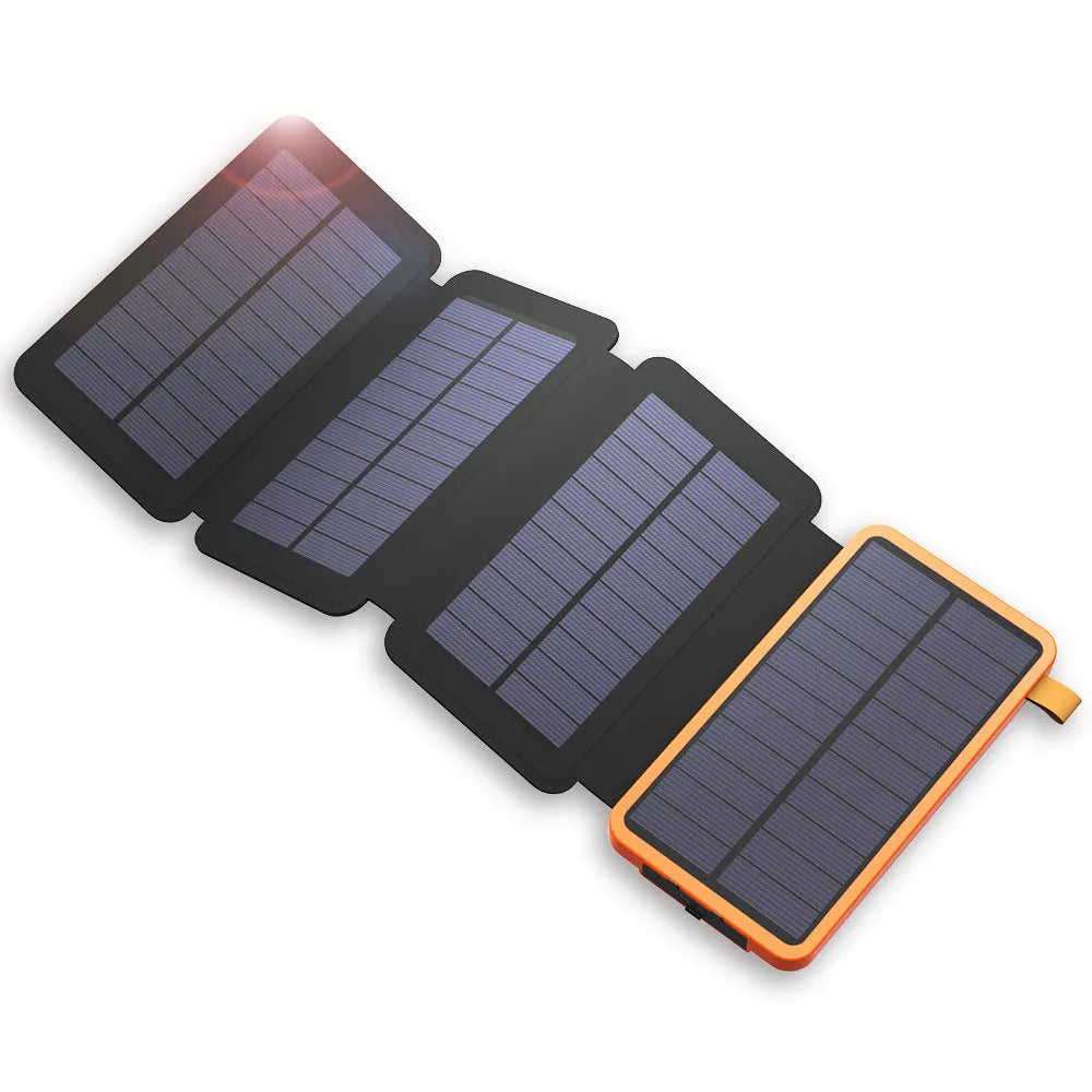 Outdoor solar power bank charger in multiple colours with a solar panel and LED light.