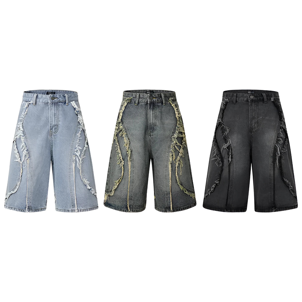 Distressed denim shorts with raw edge detailing in straight cut and cropped leg length