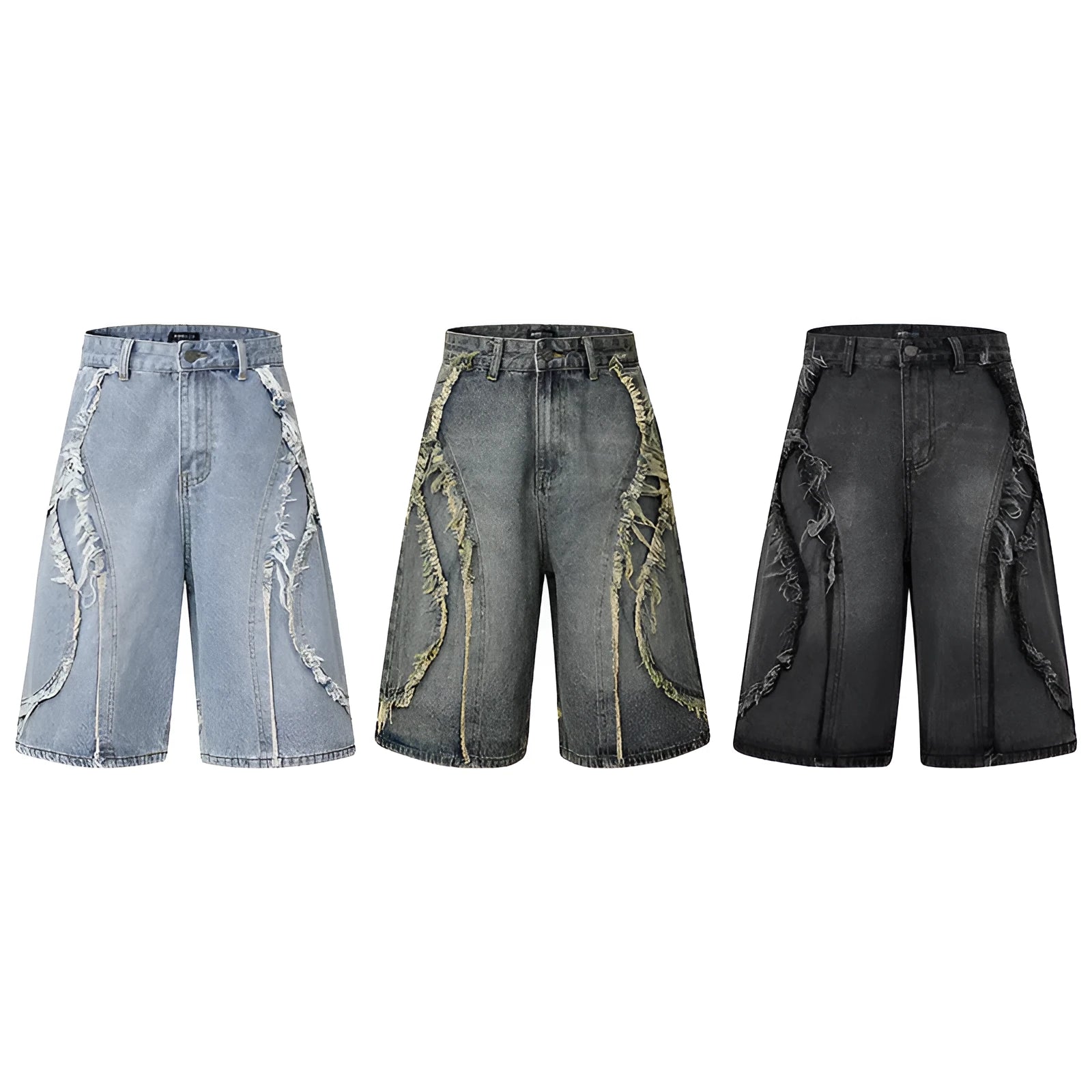 Distressed denim shorts with raw edge detailing in straight cut and cropped leg length