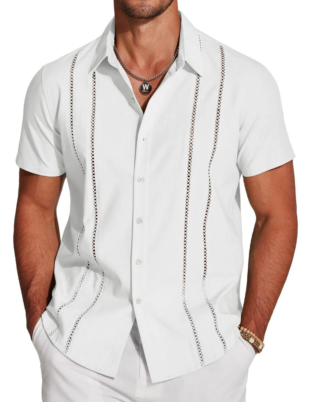 Men's slim fit Hawaiian short sleeve shirt in a cardigan style with digital print pattern.