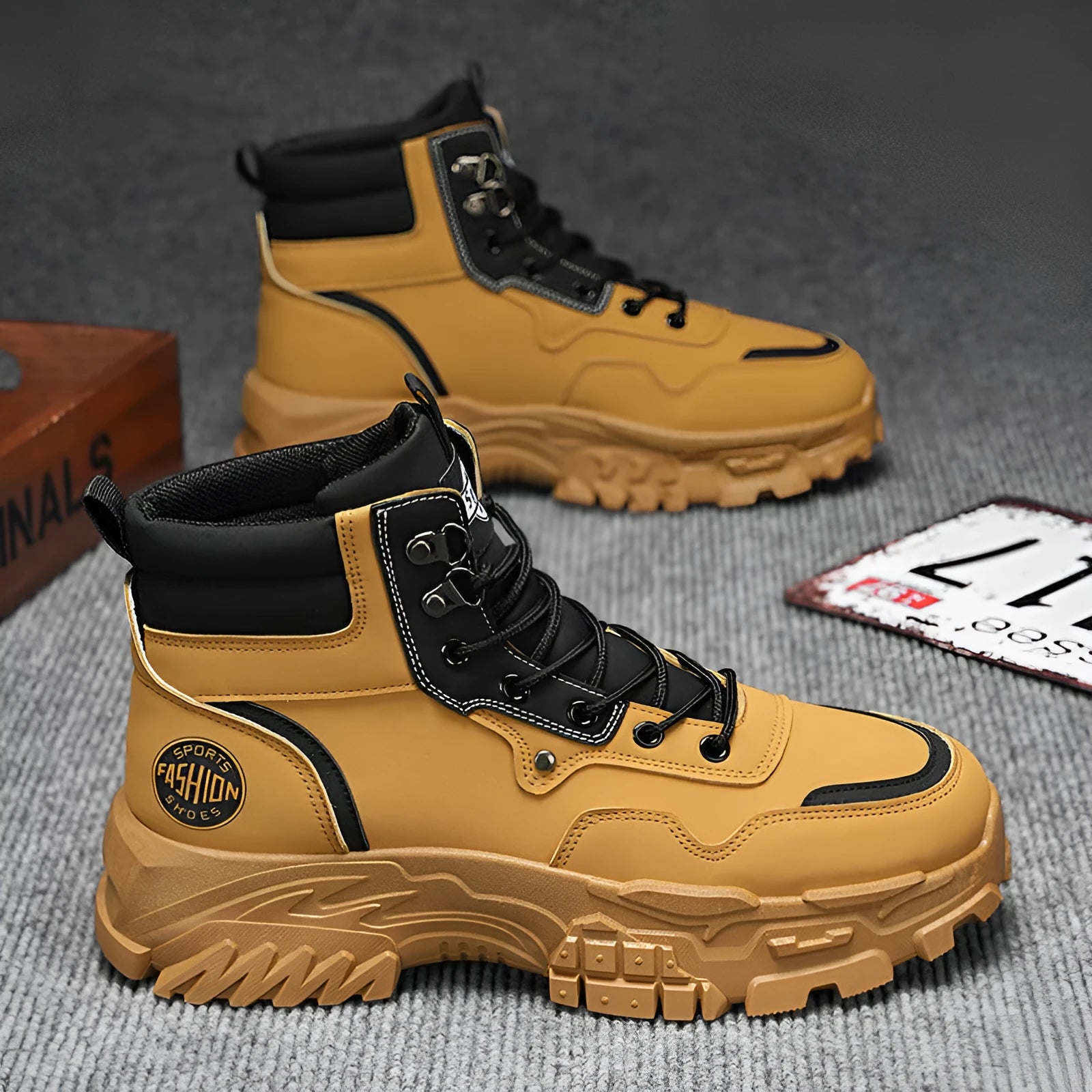 Men's Martin boots in black and yellow with artificial PU upper and mid-calf height