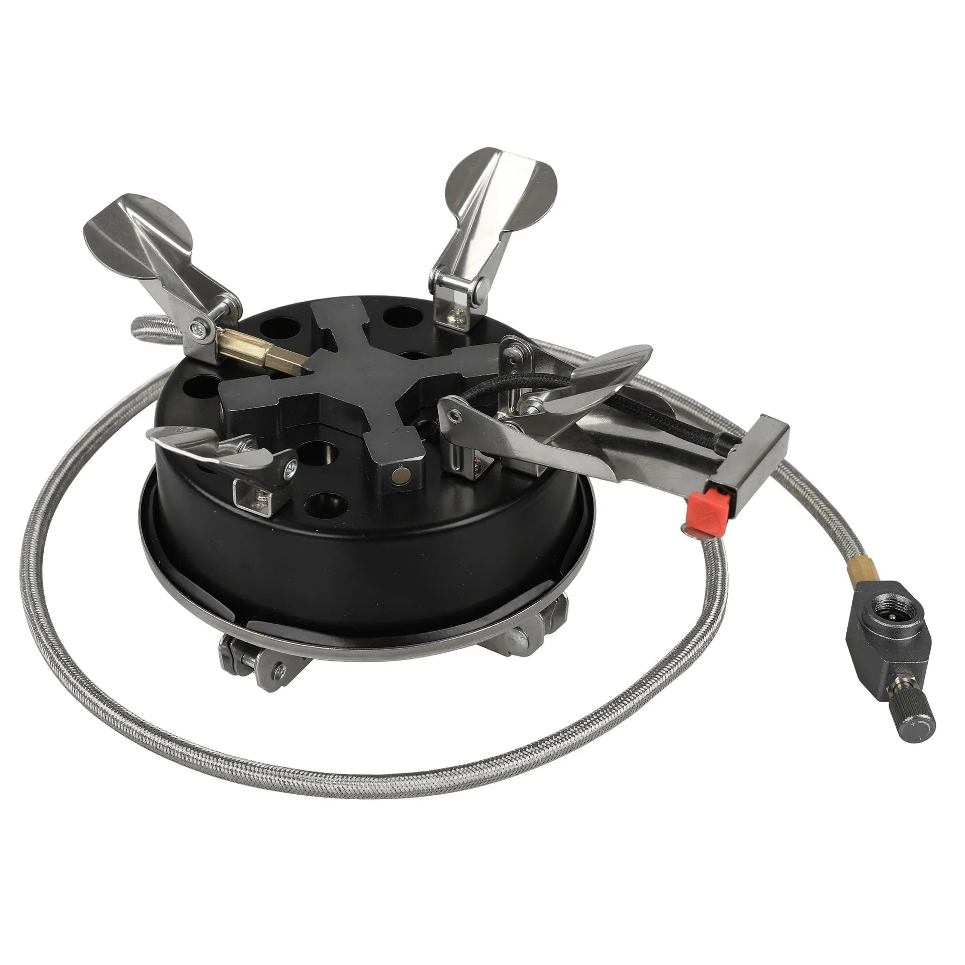 Silver coloured portable split stove made of stainless steel and copper with a long hose, shown folded for transport.