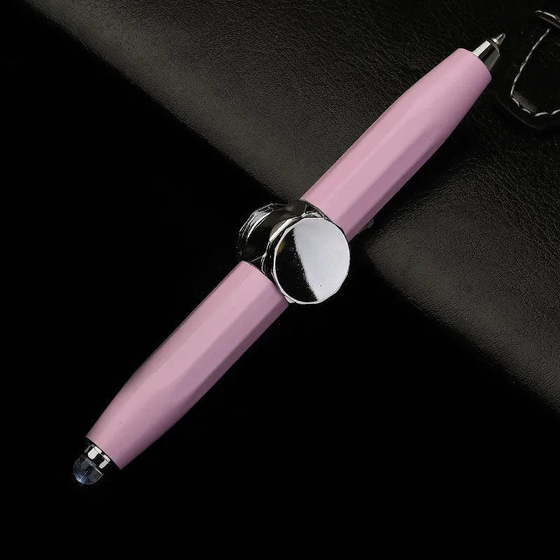 Metal gyro ballpoint pen with LED decompression spinner showing 10.5cm length and 12 ink colour options
