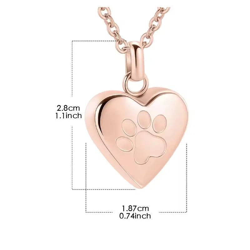 Simple titanium steel heart pendant necklace with love paw print, shown in different colours.