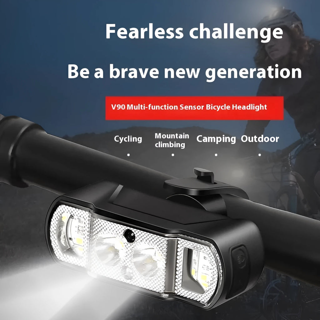 Black bicycle headlight with LED illumination mounted on handlebars