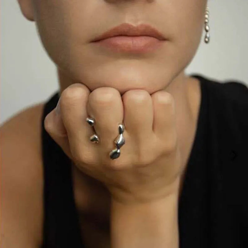 Adjustable brass opening ring with sphere design in gold colour for women