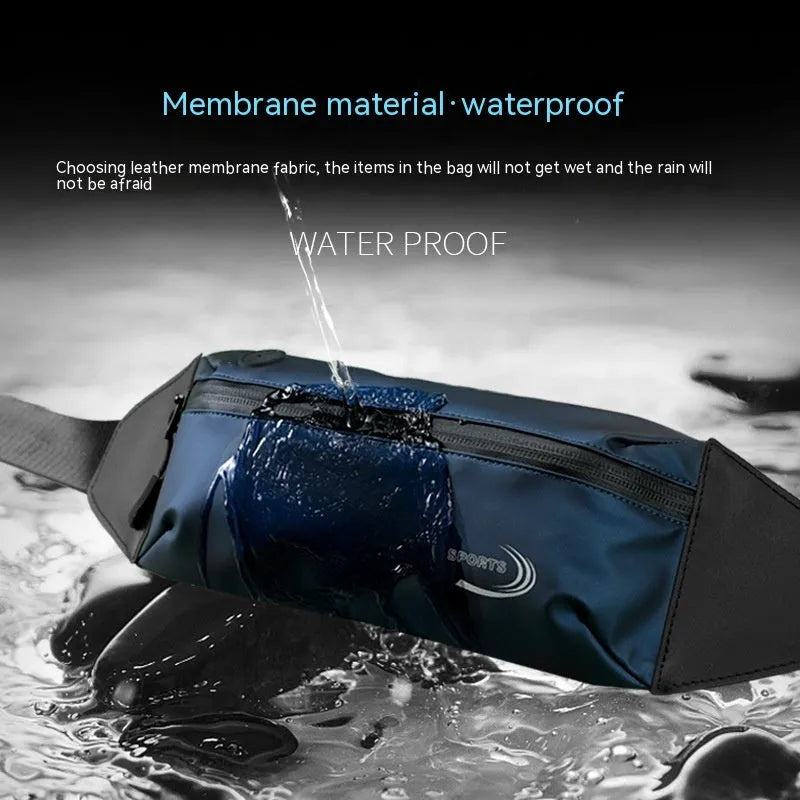 Men's blue waterproof waist bag with adjustable strap and front compartment for sports use