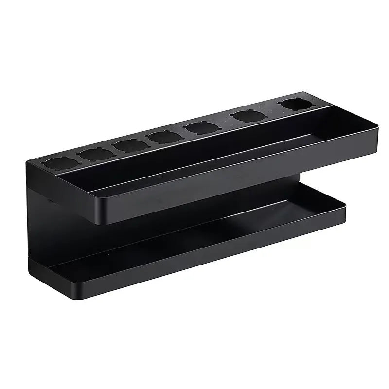 Aluminium punch-free bathroom storage rack holding hair curlers in black finish