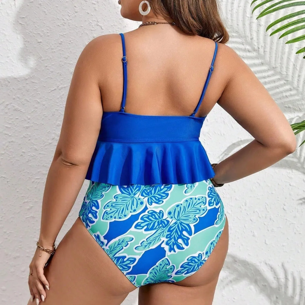 Blue two-piece bikini swimsuit with briefs bottoms, shown in extended sizes for European and American fitting.