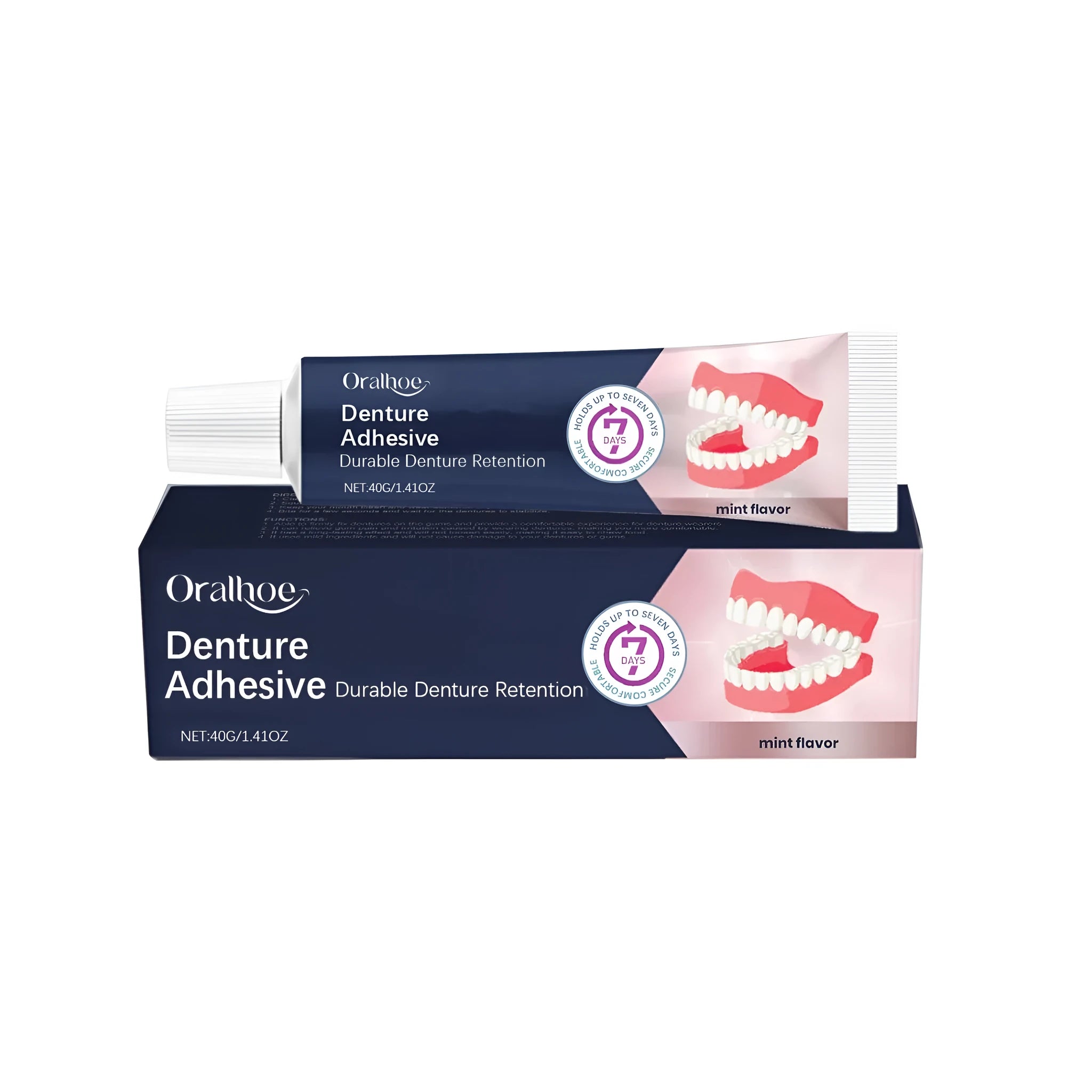 40g tube of denture adhesive cream with petrolatum and menthol ingredients for secure denture fixation