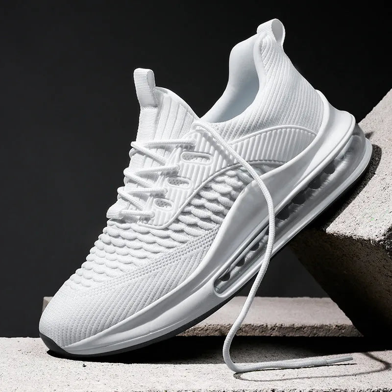Men's black mesh running shoes with platform sole and round toe design on white background