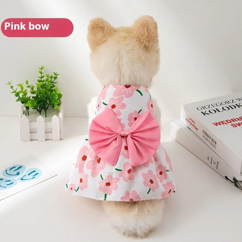 Ultra-thin summer pet dress with floral butterfly knot at neck in multiple bow colour options