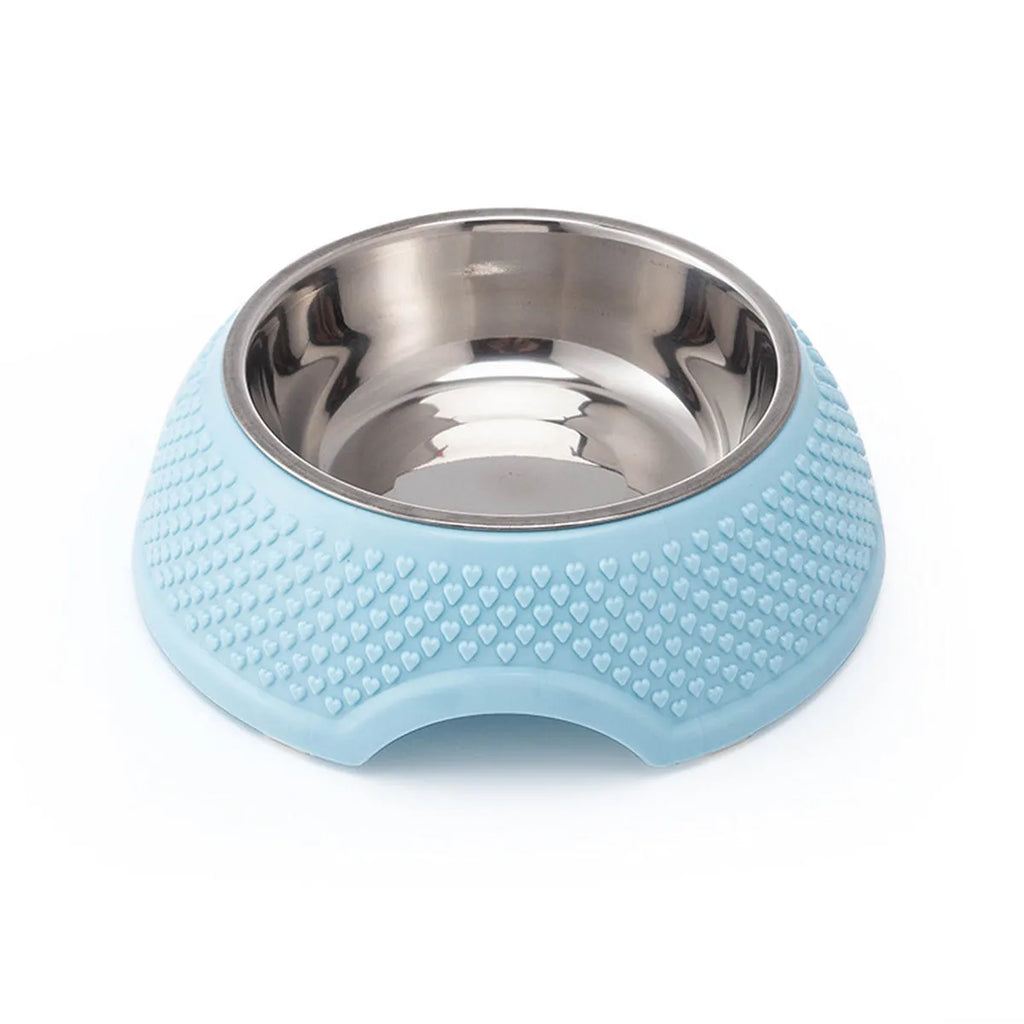 Set of four coloured stainless steel pet bowls with non-slip bases for cats and dogs
