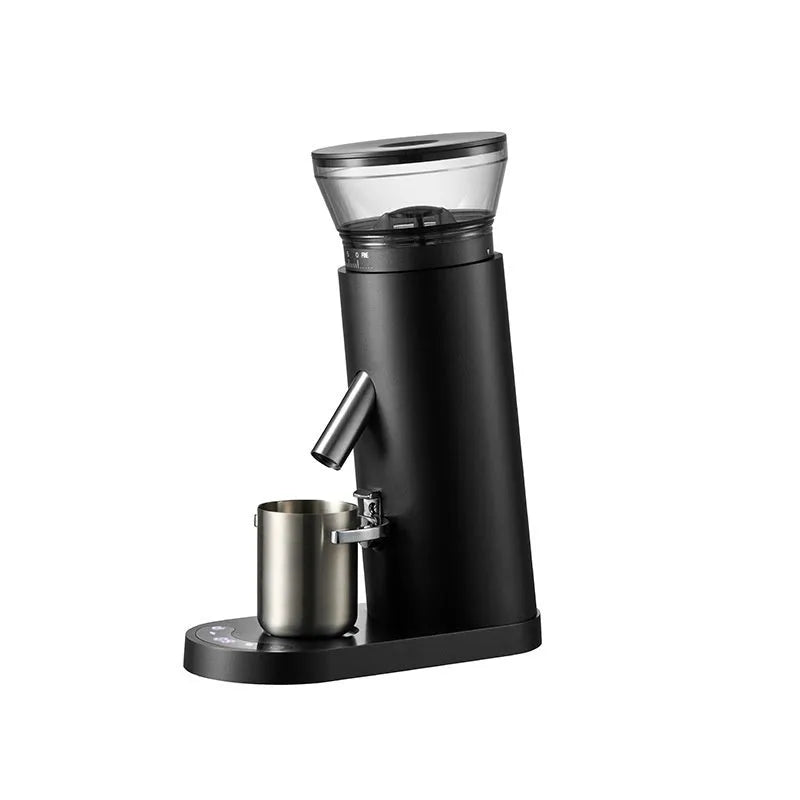 Portable automatic coffee grinder with stainless steel reservoir and temperature control display
