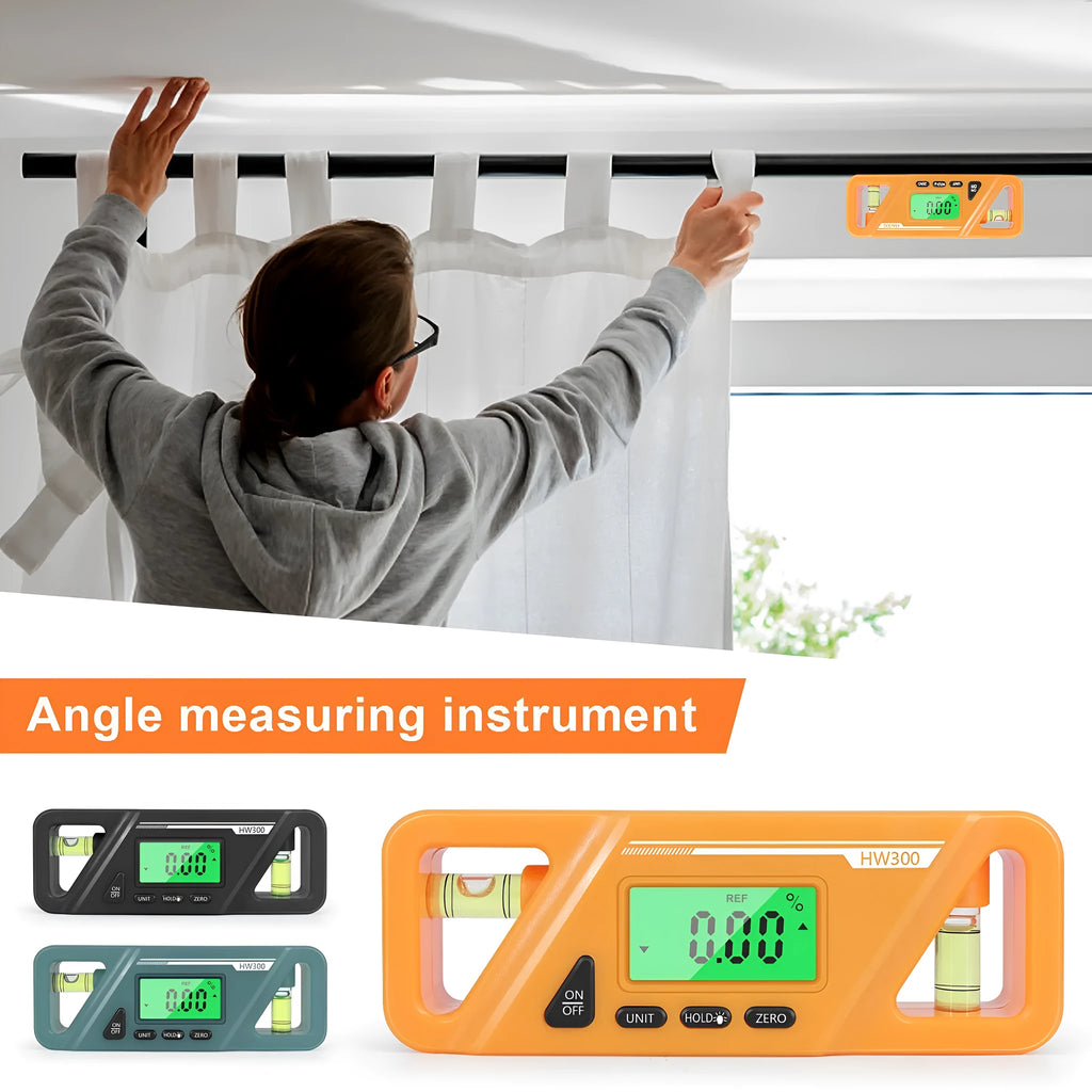 HW300 series digital magnetic inclinometer level meter showing angle display on metal surface