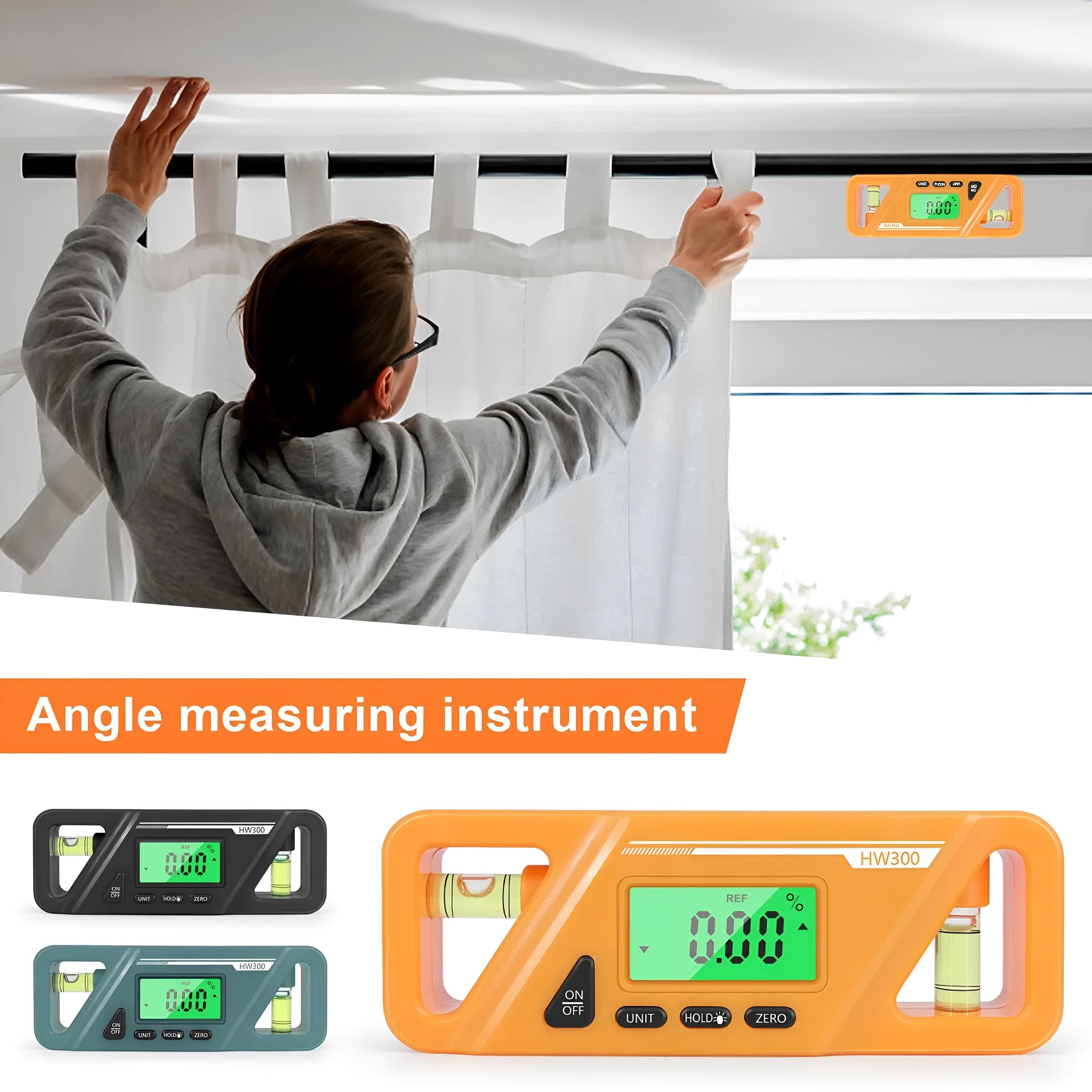 HW300 series digital magnetic inclinometer level meter showing angle display on metal surface