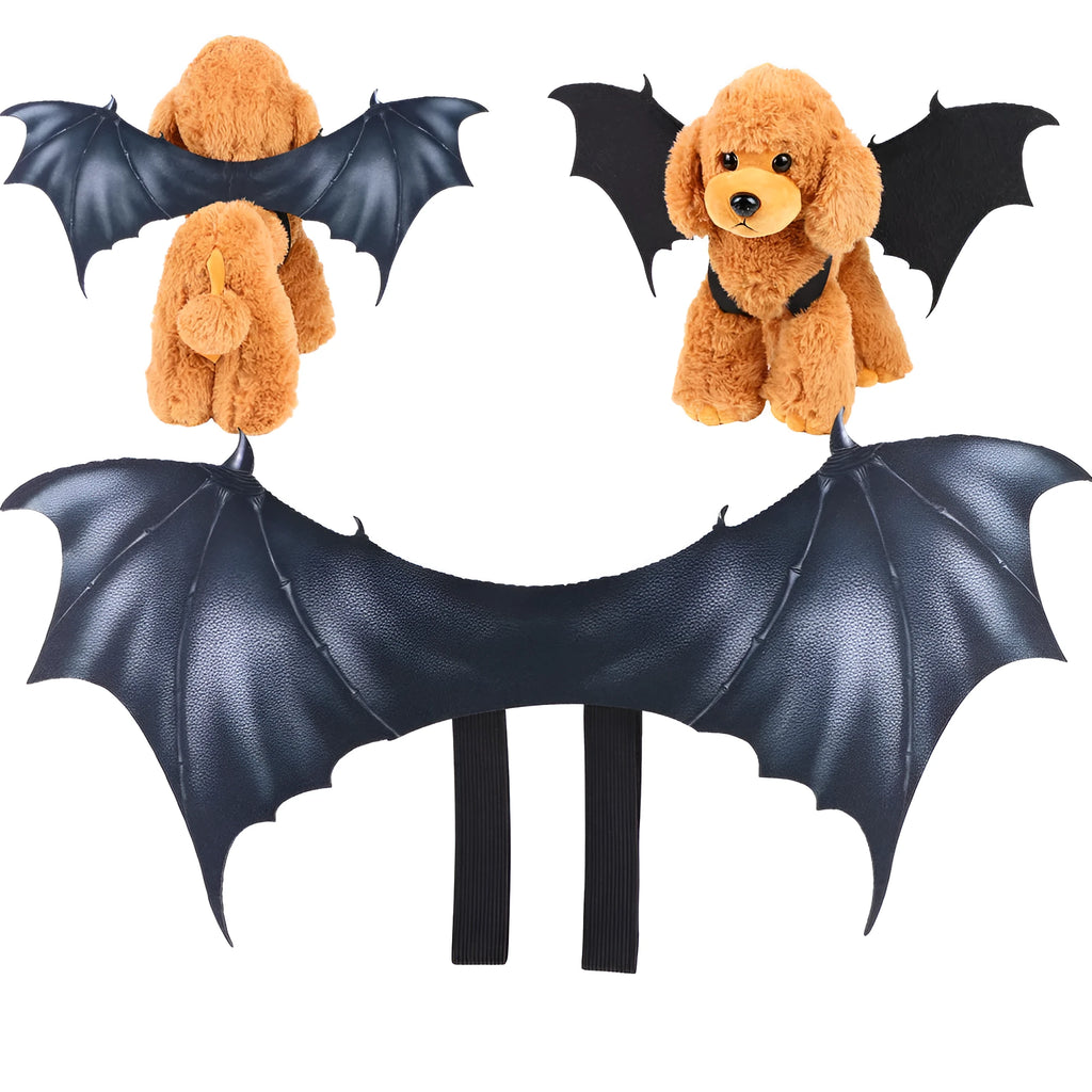 Black cloth bat wing costume for cats and dogs on Halloween, showing large, medium, and small size options.