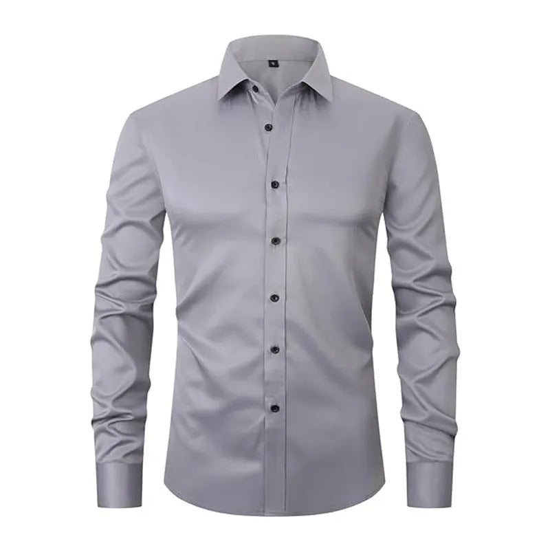 Man wearing a solid colour long sleeve polyester work shirt, showcasing the professional fit and style.