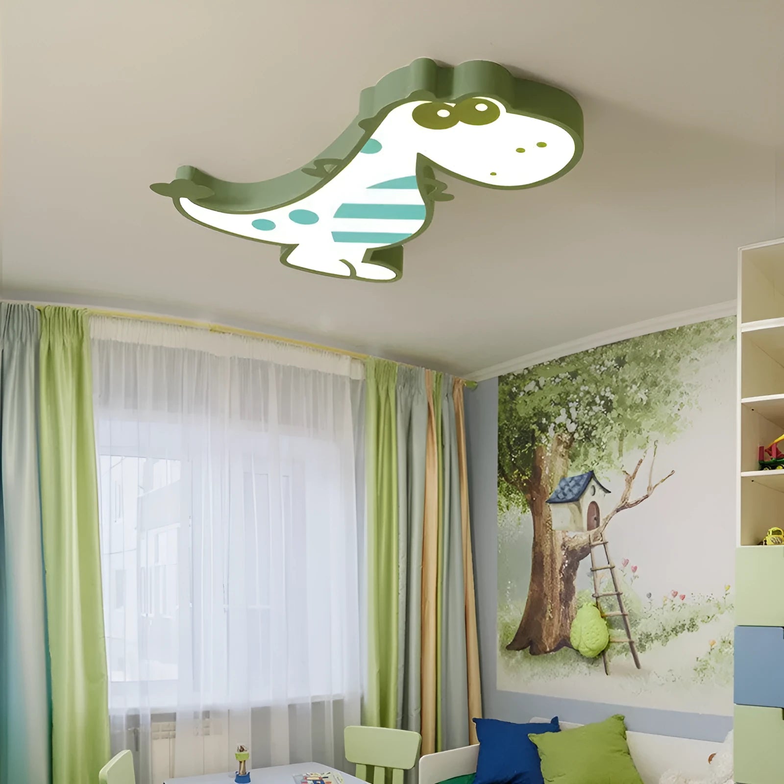 Cartoon dinosaur ceiling light with 48cm diameter aluminium body and PVC shade in green colour