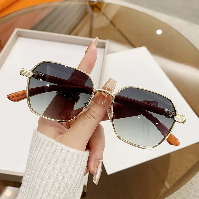 Women's frameless trim glasses with wood grain pattern and gold alloy frame.