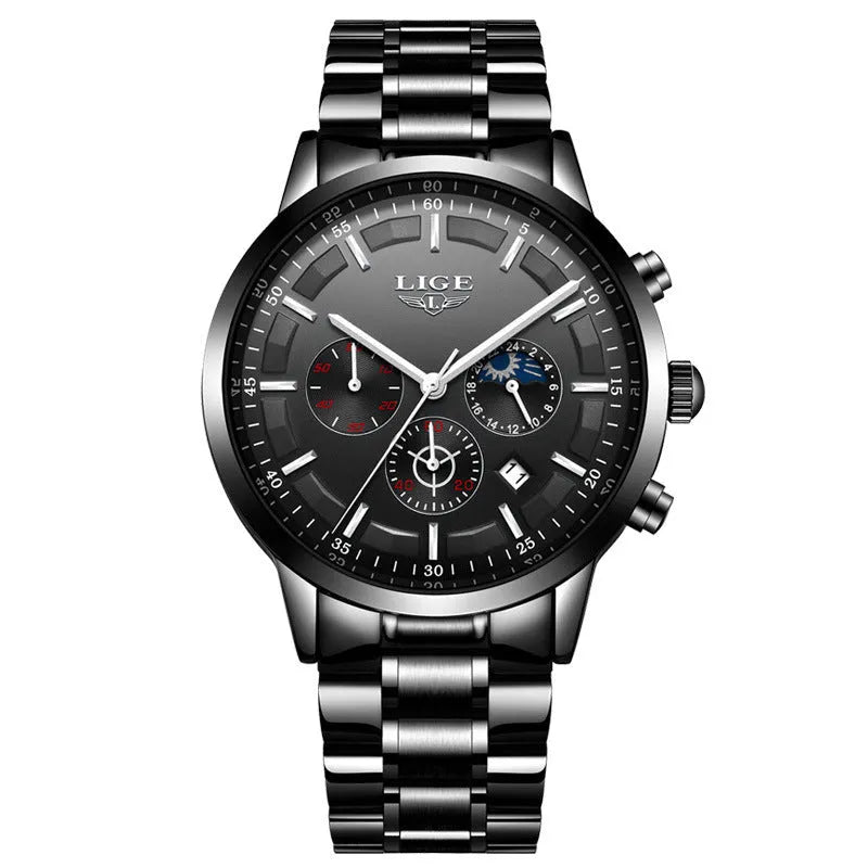 Men's waterproof quartz business sports watch in black and rose red gold with 12mm thickness