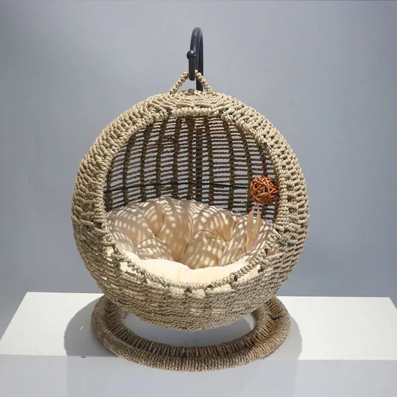 Rattan cat nest hanging basket semi-closed large size natural colour woven from PP rattan and seaweed