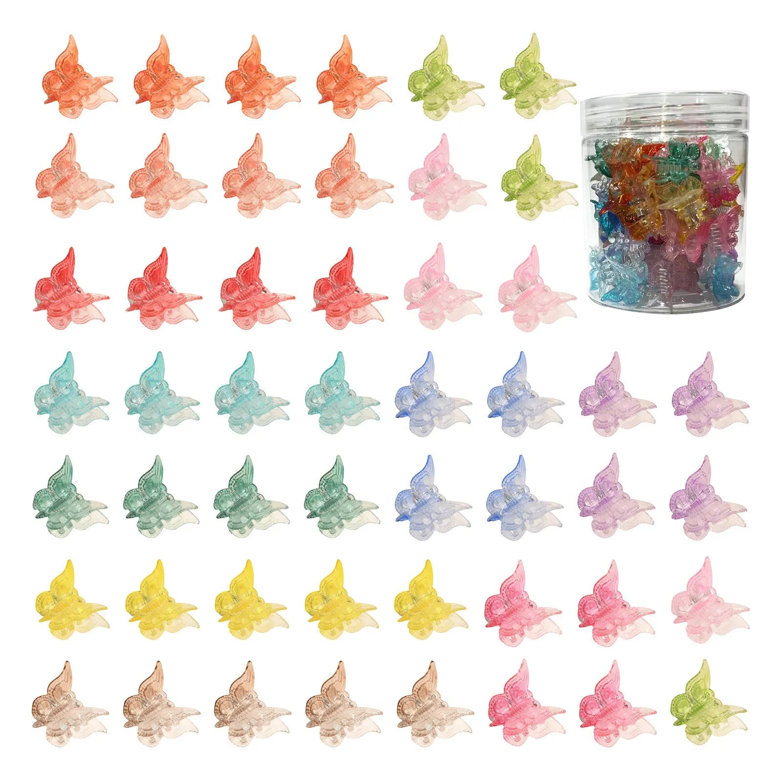 Assortment of 50 small glitter butterfly hair claw clips in multiple colours on a white background.
