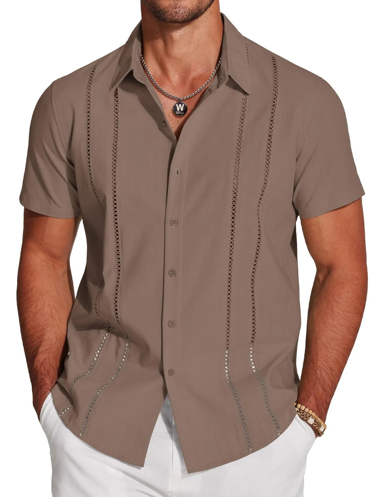 Men's slim fit Hawaiian short sleeve shirt in a cardigan style with digital print pattern.