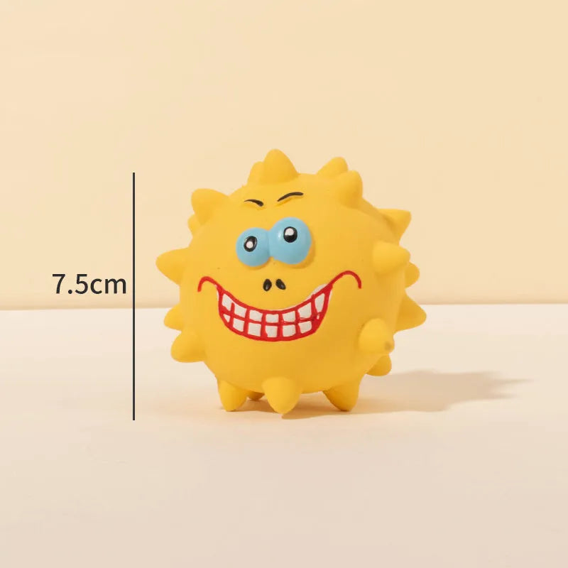 Four colourful squeaky dog toys with cute faces made from natural latex rubber
