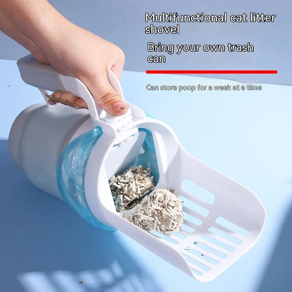 Grey, blue, and green cat litter scoop with attached waste bin and foldable bottom.