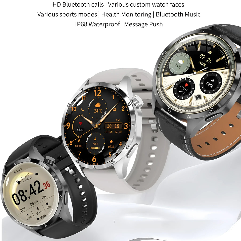 Black Bluetooth smartwatch with TFT screen, shown with both silicone and Milanese mesh strap options.