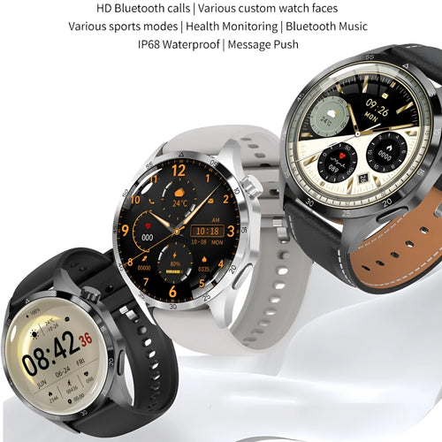 Black Bluetooth smartwatch with TFT screen, shown with both silicone and Milanese mesh strap options.