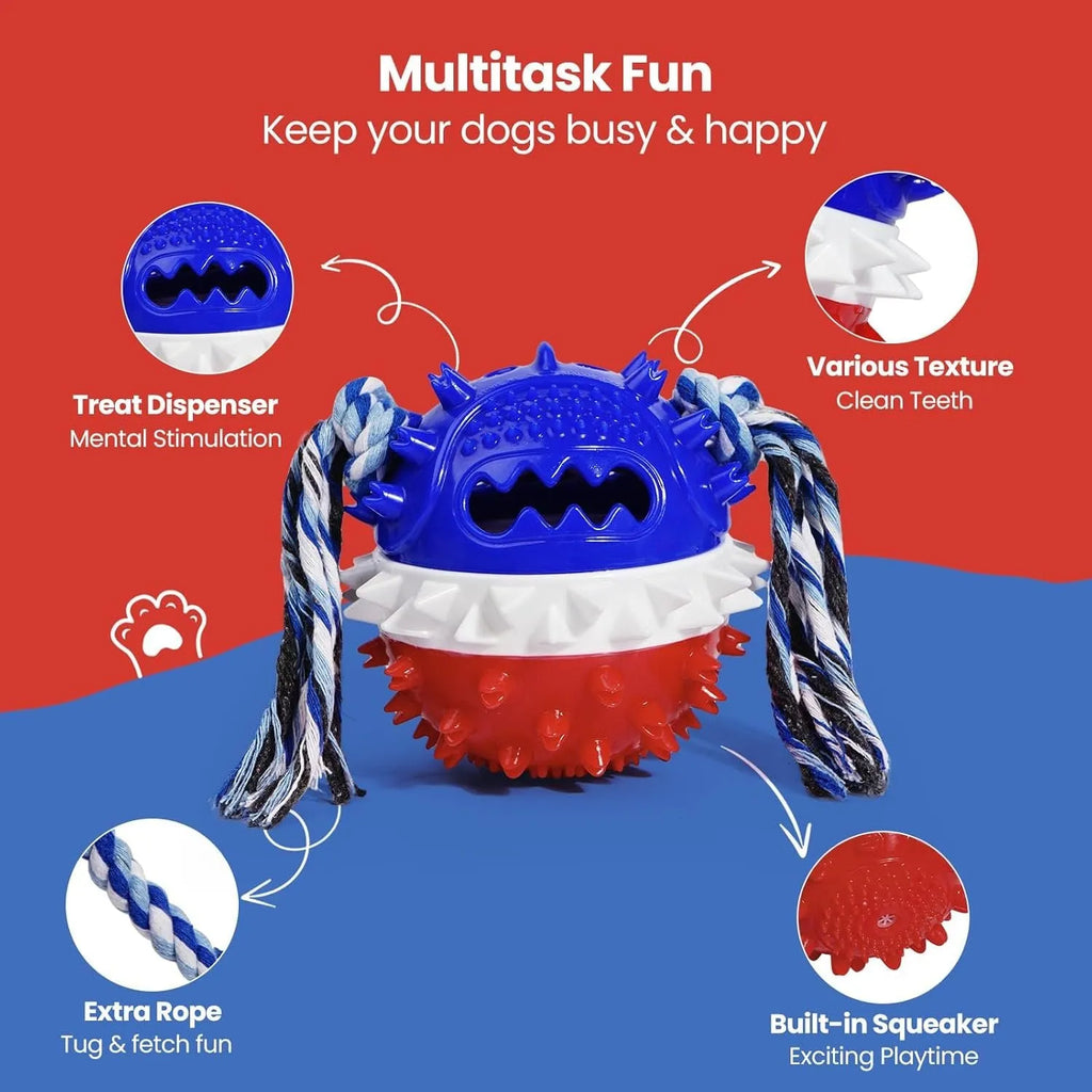 Blue and red TPR rubber dog chew toy with dental bumps, squeaker, and treat dispenser hole.