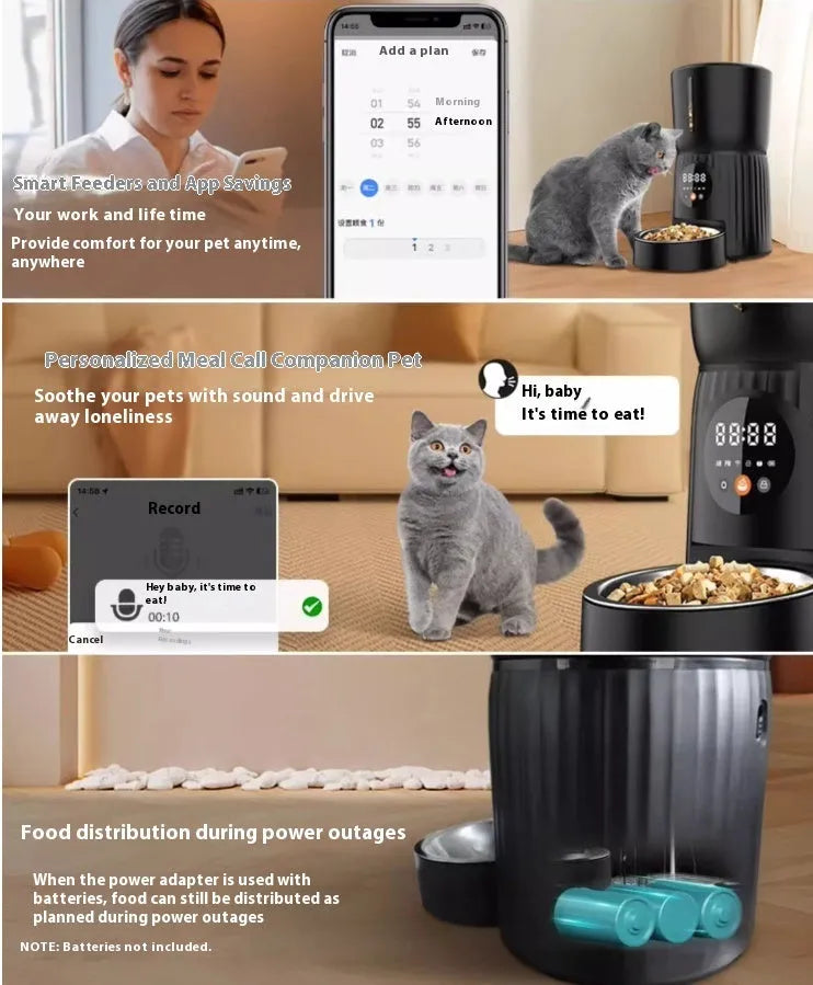 Black automatic pet feeder with digital display and food container for dogs and cats