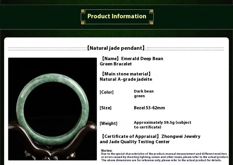Deep pea green jade bracelet for women on a gift box, with certificate.