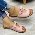 Ladies casual sandals with bow decoration and fish mouth design in black, pink, and gold colours